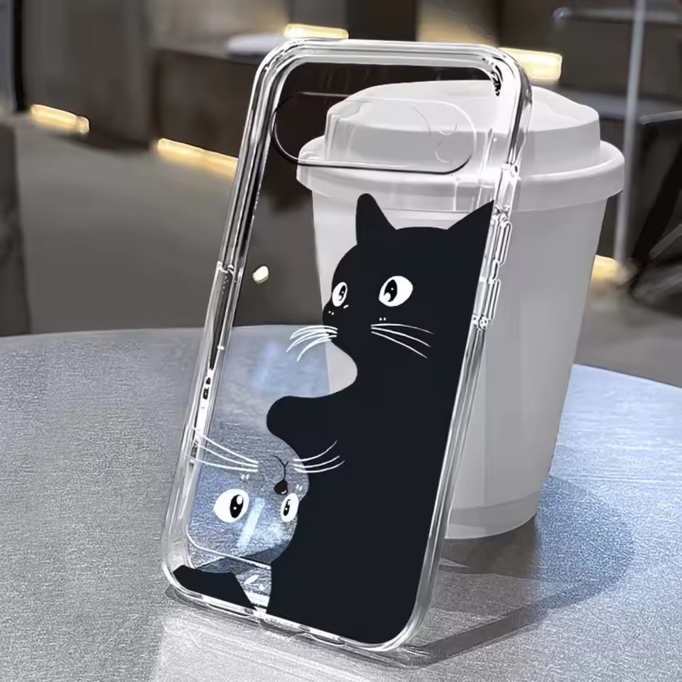Google Pixel 9 Pro - Casing Transparan Motif Kucing Hitam Kartun